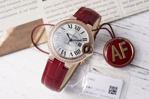 Cartier Ballon Bleu 33mm Diamond Bezel Red Leather Watch