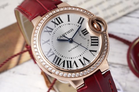 Cartier Ballon Bleu 33mm Diamond Bezel Red Leather Watch view 2