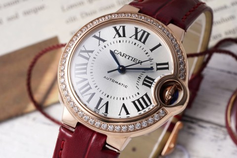 Cartier Ballon Bleu 33mm Diamond Bezel Red Leather Watch view 3