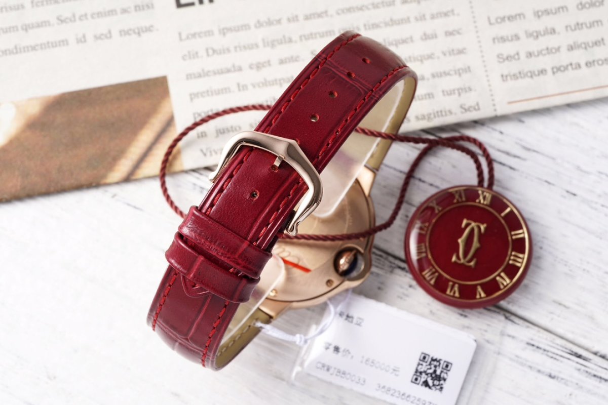 Cartier Ballon Bleu 33mm Diamond Bezel Red Leather Watch view