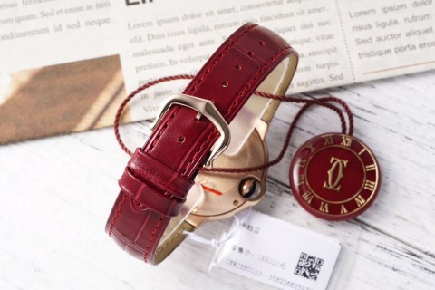 Cartier Ballon Bleu 33mm Diamond Bezel Red Leather Watch view 9