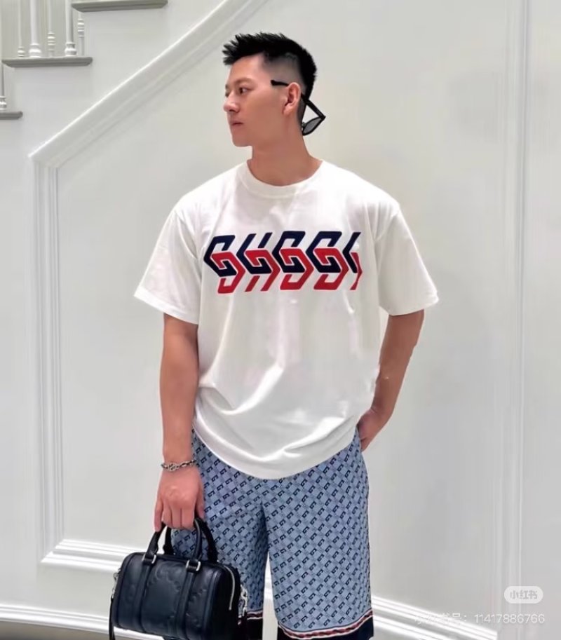 White Short Sleeve Graphic T-Shirt with Red & Navy Logo Print