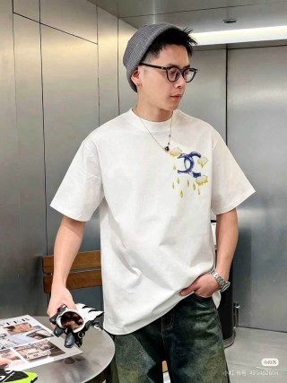 White Graphic T-Shirt with Gold & Navy Embroidery view 2