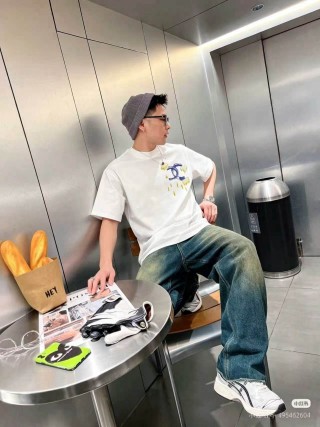 White Graphic T-Shirt with Gold & Navy Embroidery view 3