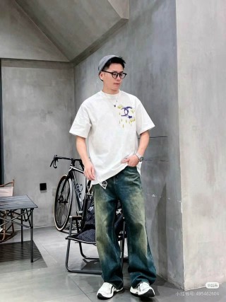 White Graphic T-Shirt with Gold & Navy Embroidery view 7