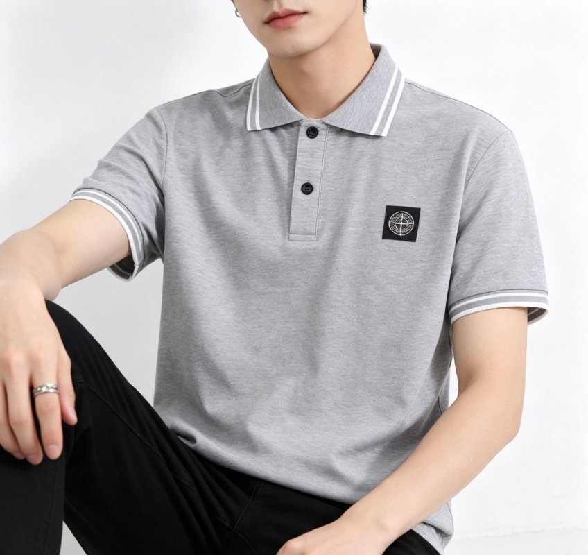 Stone Island Grey Polo Shirt with Compass Badge