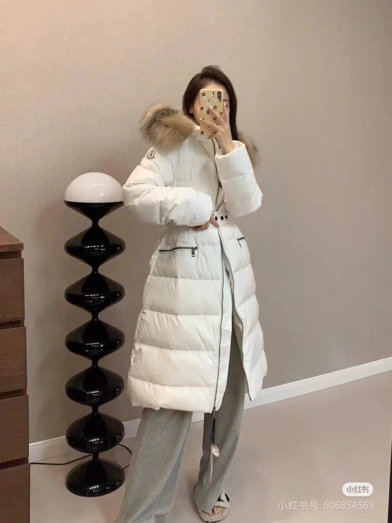 Moncler White Puffer Down Jacket with Fur Hood