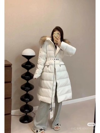 Moncler White Puffer Down Jacket with Fur Hood view 2