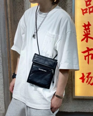 Balenciaga Logo Oil-Wax Leather Crossbody Bag Black