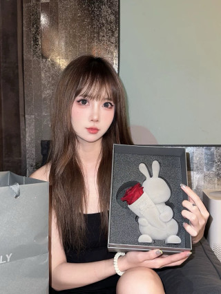 Eternal Rose Bunny Sweetheart Flower Figure - White with Red Rose