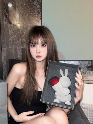 Eternal Rose Bunny Sweetheart Flower Figure - White with Red Rose view 3