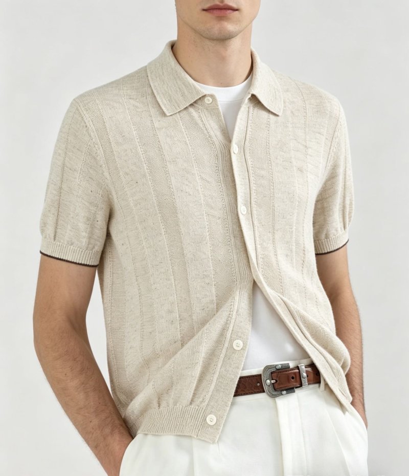 Cream Ribbed Knit Short Sleeve Button Shirt