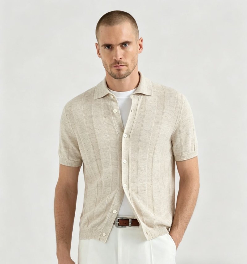 Cream Ribbed Knit Short Sleeve Button Shirt view
