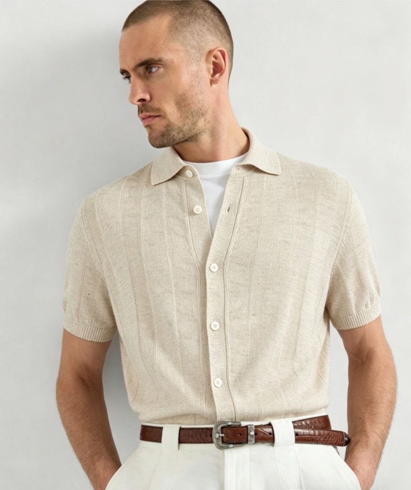 Cream Ribbed Knit Short Sleeve Button Shirt view