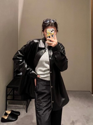 Black Leather Shirt Jacket view 8