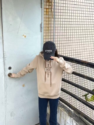 Beige Graphic Hoodie with Oversized Hood view 6