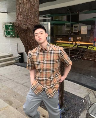 Burberry Tan Plaid Short-Sleeve Button-Up Shirt