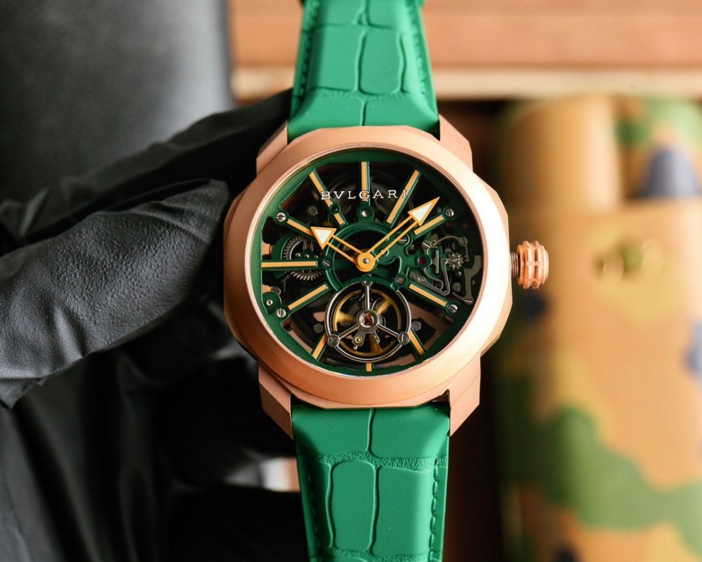 Bulgari Octo Roma Skeleton Automatic Watch Rose Gold Green