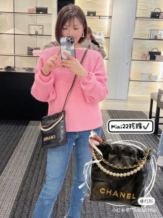 Chanel Pearl Chain Black Leather Shoulder Bag view 4