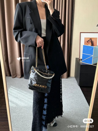 Chanel Pearl Chain Black Leather Shoulder Bag view 5