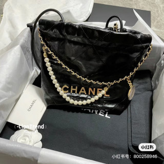 Chanel Pearl Chain Black Leather Shoulder Bag view 6