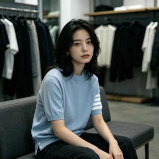 Light Blue Striped Short Sleeve Crewneck T-Shirt