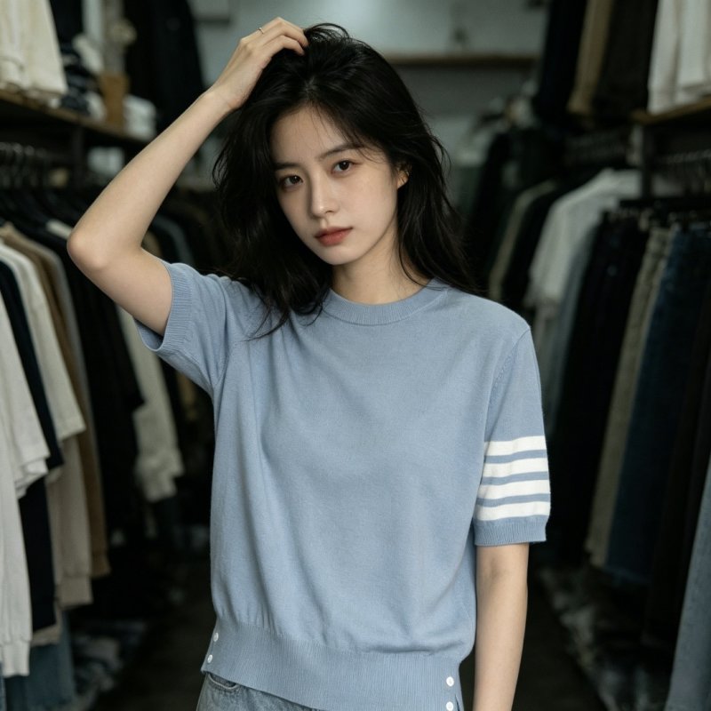 Light Blue Striped Short Sleeve Crewneck T-Shirt view
