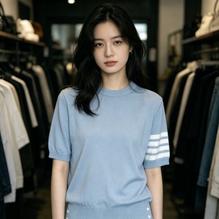 Light Blue Striped Short Sleeve Crewneck T-Shirt view 3