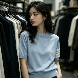 Light Blue Striped Short Sleeve Crewneck T-Shirt view 4