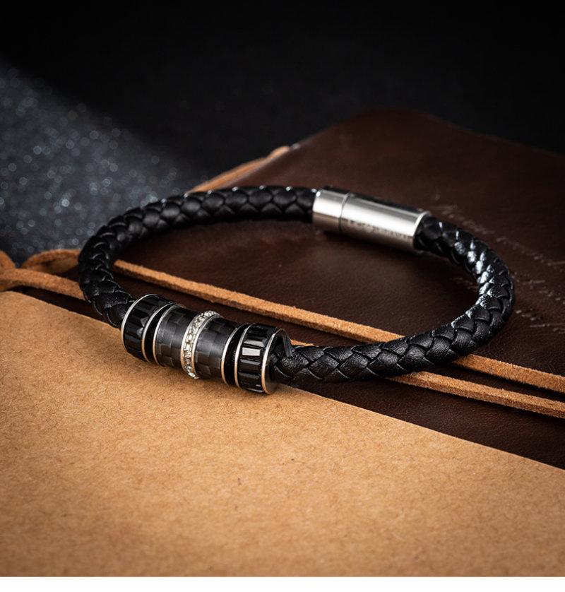 Swarovski Black Braided Leather Bracelet with Crystal Charm view