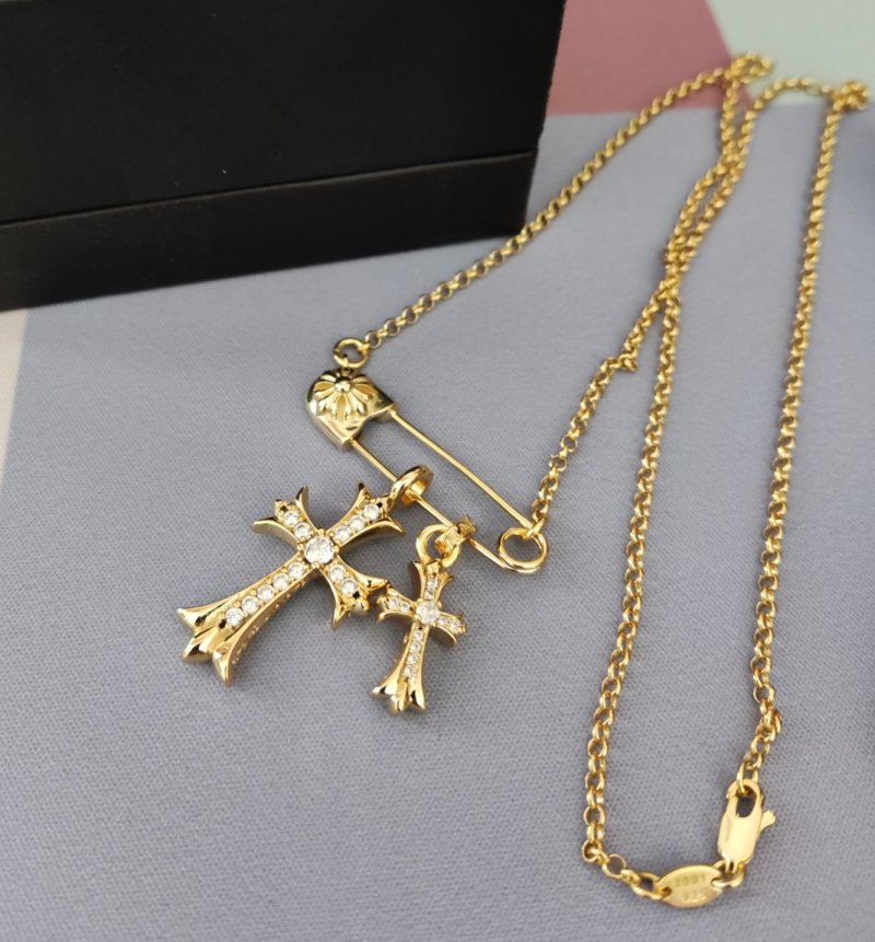 Chrome Hearts Gold Cross & Safety Pin Pendant Necklace