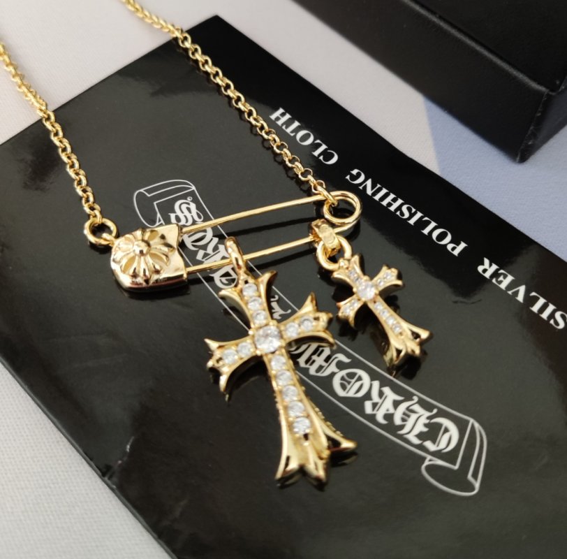 Chrome Hearts Gold Cross & Safety Pin Pendant Necklace view