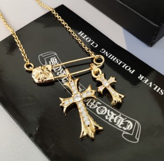 Chrome Hearts Gold Cross & Safety Pin Pendant Necklace view 3