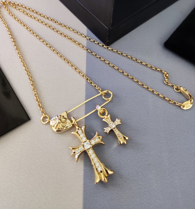 Chrome Hearts Gold Cross & Safety Pin Pendant Necklace view