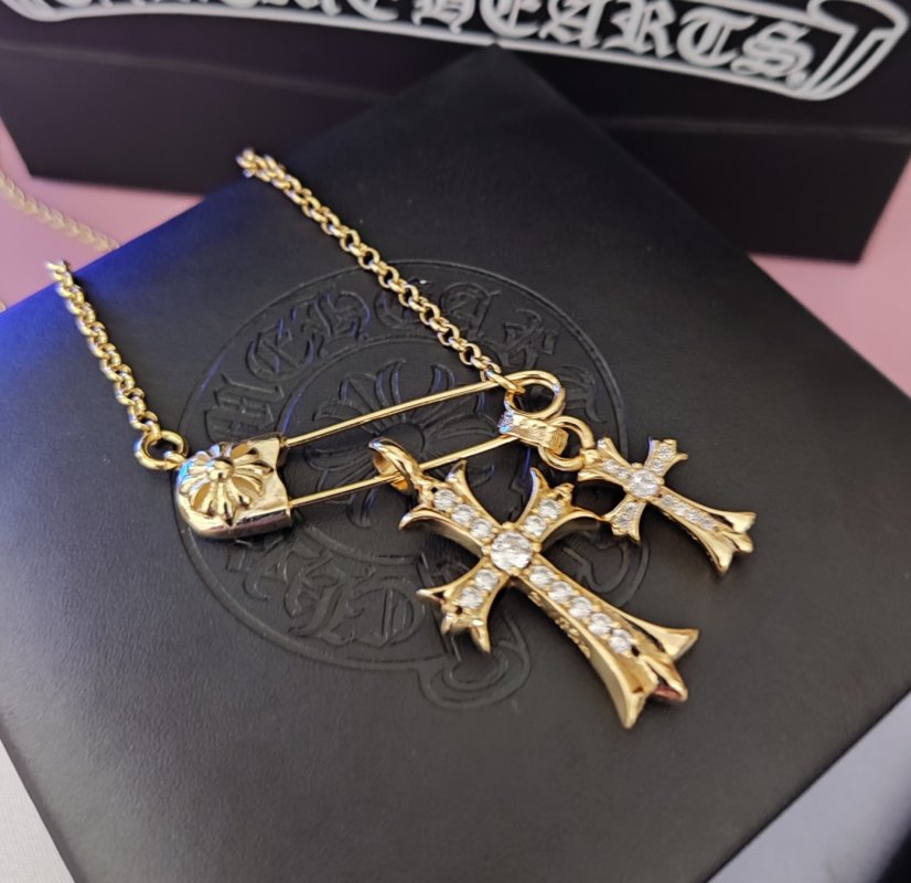Chrome Hearts Gold Cross & Safety Pin Pendant Necklace view