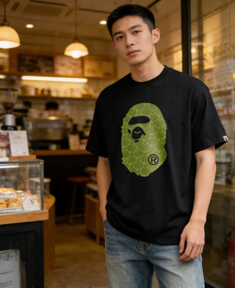 A Bathing Ape Head Logo Black T-Shirt Lime Green view