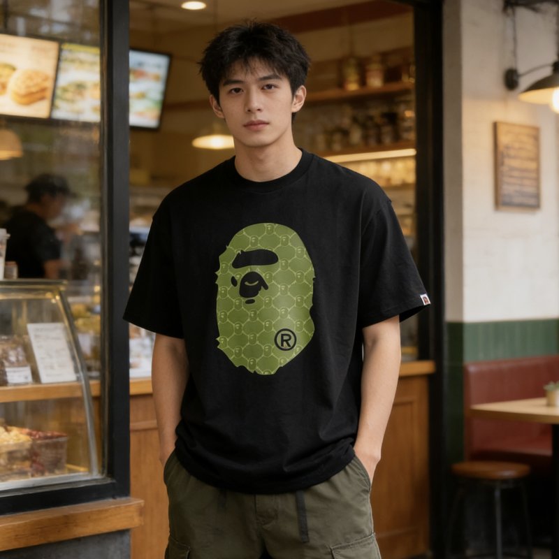 A Bathing Ape Head Logo Black T-Shirt Lime Green view