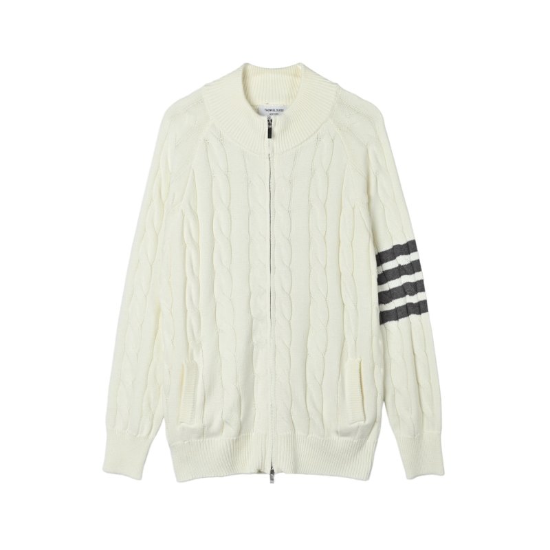 White Cable Knit Cardigan with Striped Sleeve Detail view