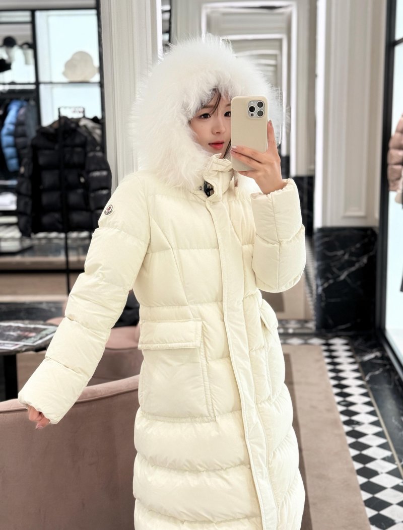 Moncler Cream Puffer Down Jacket with Fur Hood