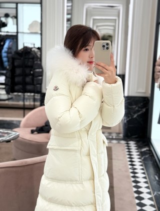 Moncler Cream Puffer Down Jacket with Fur Hood view 2