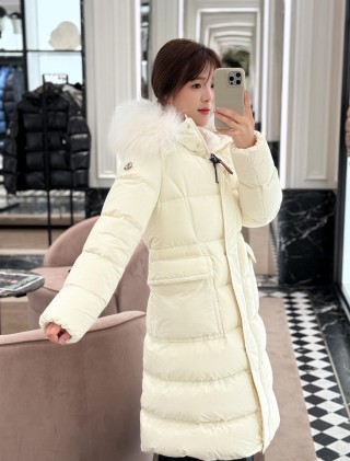 Moncler Cream Puffer Down Jacket with Fur Hood view 3