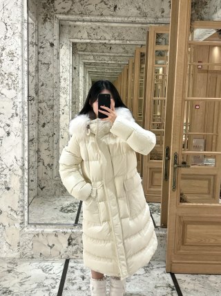 Moncler Cream Puffer Down Jacket with Fur Hood view 4