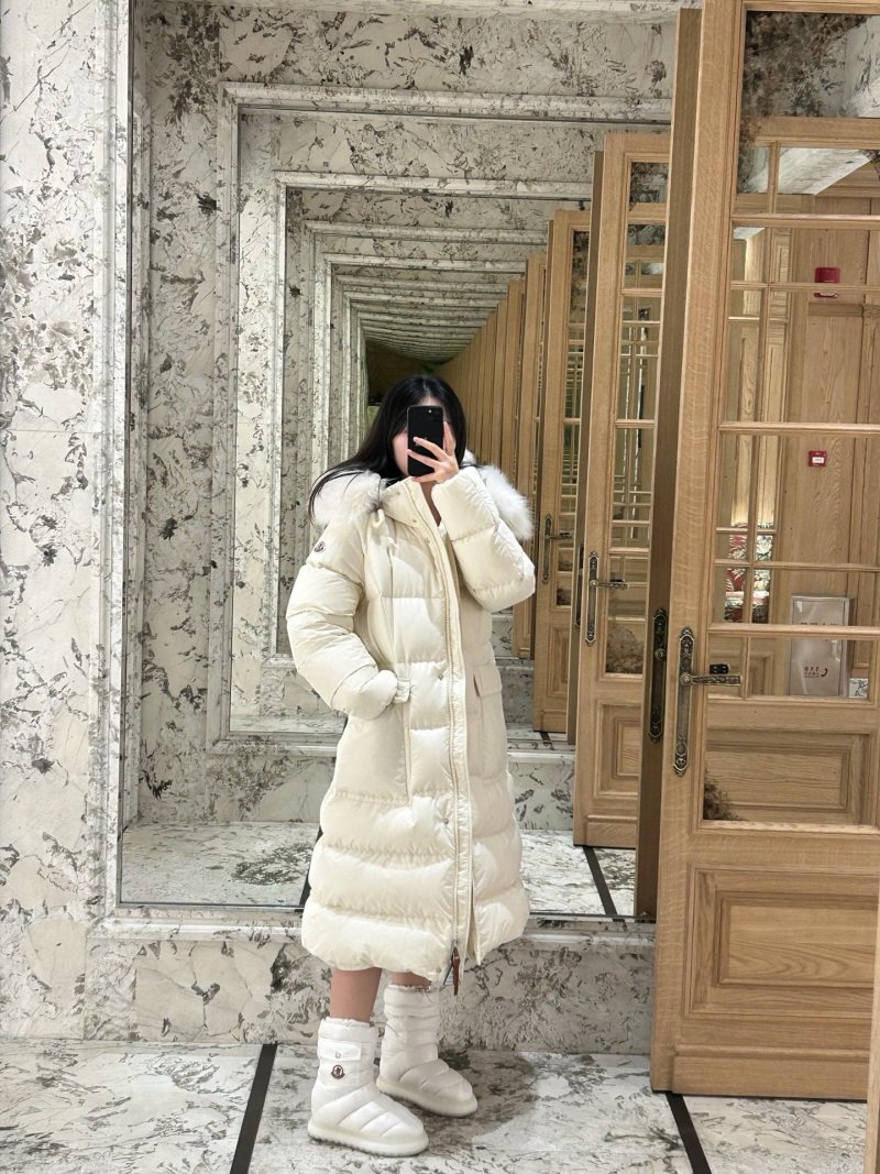 Moncler Cream Puffer Down Jacket with Fur Hood view