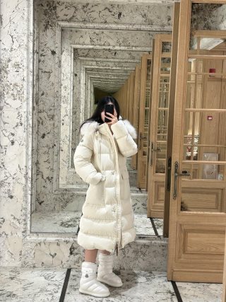 Moncler Cream Puffer Down Jacket with Fur Hood view 5