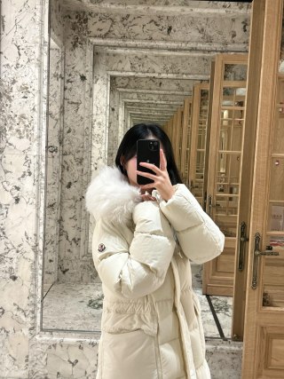 Moncler Cream Puffer Down Jacket with Fur Hood view 6