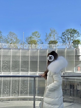 Moncler Cream Puffer Down Jacket with Fur Hood view 8