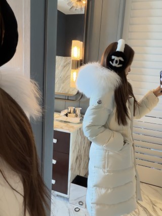 Moncler Cream Puffer Down Jacket with Fur Hood view 9