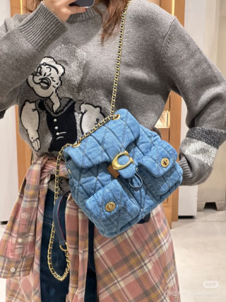 Blue Quilted Denim Shoulder Bag with Gold Chain Strap