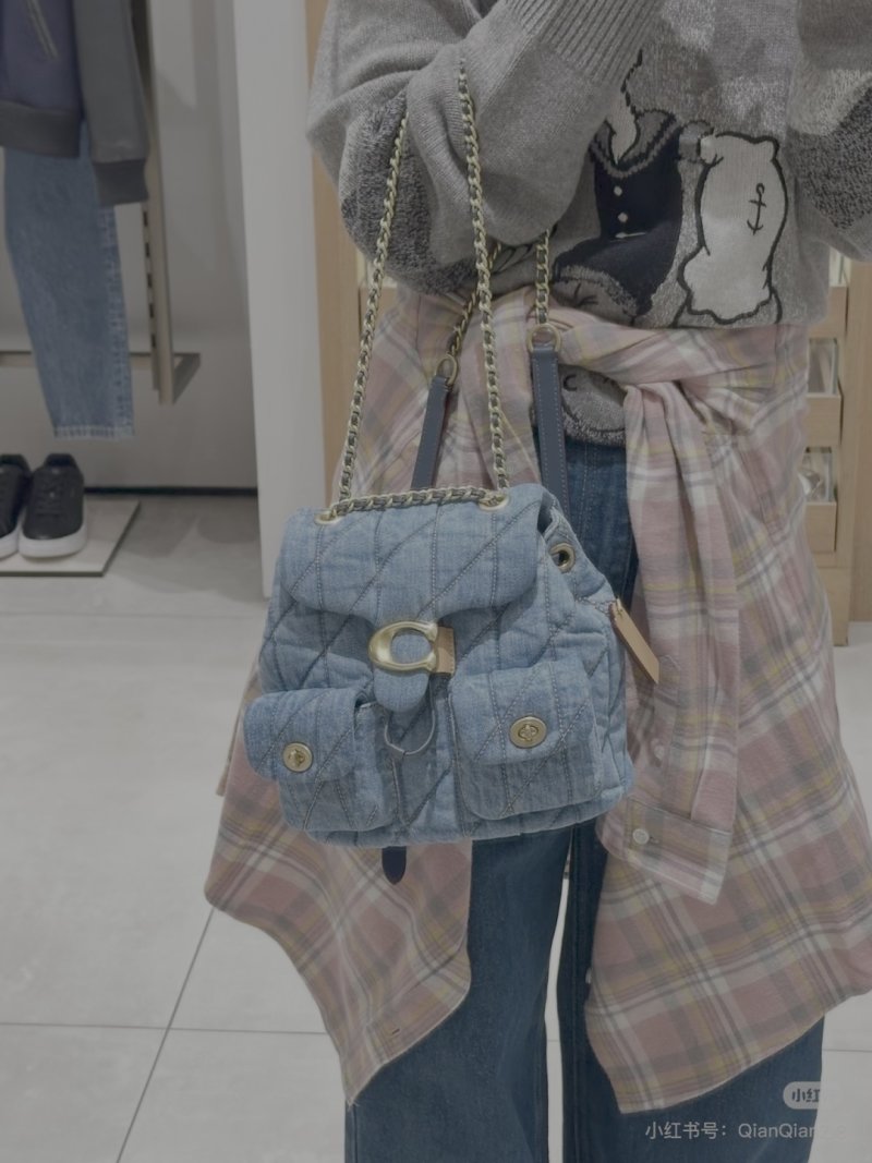 Blue Quilted Denim Shoulder Bag with Gold Chain Strap view