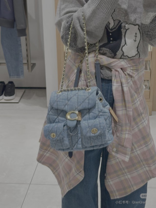 Blue Quilted Denim Shoulder Bag with Gold Chain Strap view 2
